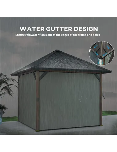 Outsunny 3 x 3(m) Hardtop Gazebo with Galvanised Steel Roof and Water Gutter, Waterproof Permanent Pavilion Garden Gazebo with N