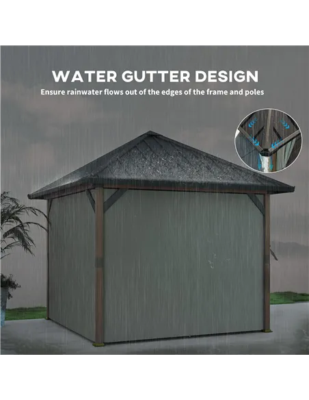 Outsunny 3 x 3(m) Hardtop Gazebo with Galvanised Steel Roof and Water Gutter, Waterproof Permanent Pavilion Garden Gazebo with N