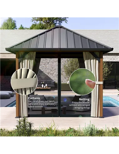 Outsunny 3 x 3(m) Hardtop Gazebo with Galvanised Steel Roof and Water Gutter, Waterproof Permanent Pavilion Garden Gazebo with N