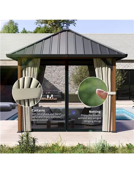 Outsunny 3 x 3(m) Hardtop Gazebo with Galvanised Steel Roof and Water Gutter, Waterproof Permanent Pavilion Garden Gazebo with N