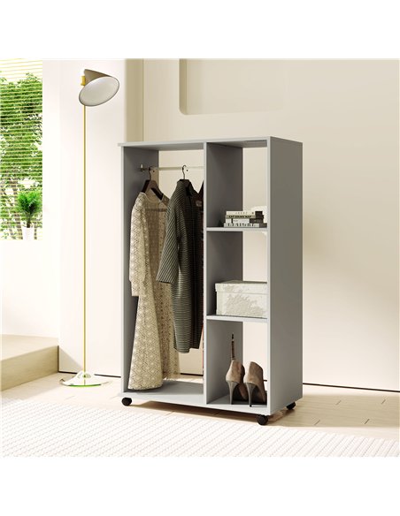 HOMCOM Open Wardrobe on Wheels, Bedroom Wardrobe with Clothes Hanging Rail, 3 Storage Shelves, Mobile Garment Rack for Cloakroom