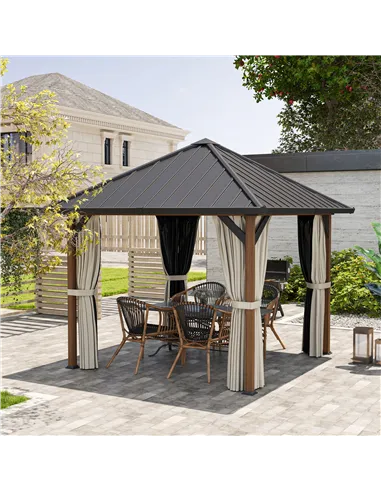 Outsunny 3 x 3(m) Hardtop Gazebo with Galvanised Steel Roof and Water Gutter, Waterproof Permanent Pavilion Garden Gazebo with N