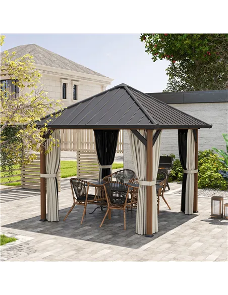 Outsunny 3 x 3(m) Hardtop Gazebo with Galvanised Steel Roof and Water Gutter, Waterproof Permanent Pavilion Garden Gazebo with N