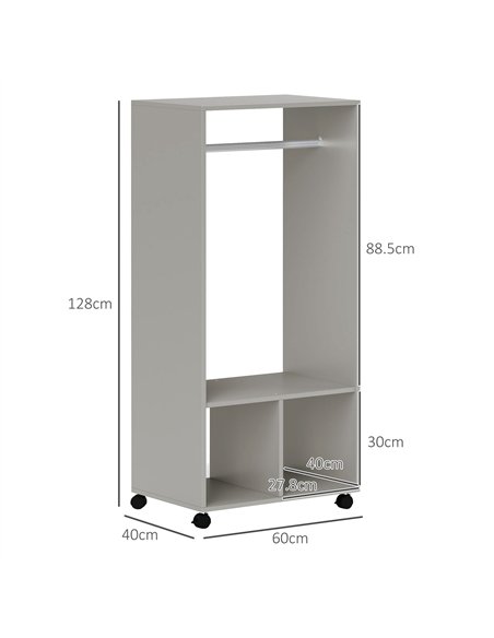 HOMCOM Open Wardrobe on Wheels, Bedroom Wardrobe with Clothes Hanging Rail, 2 Storage Shelves, Mobile Garment Rack for Cloakroom