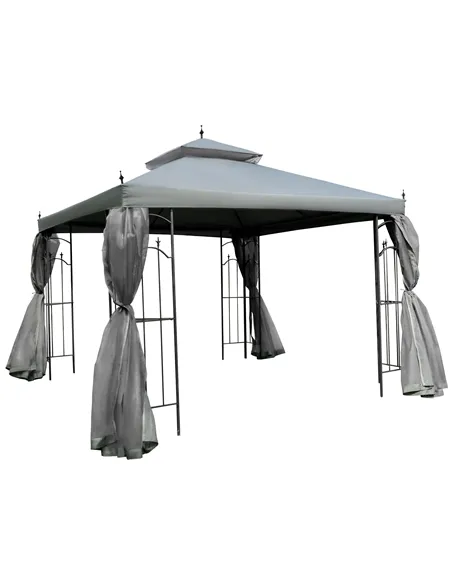 Outsunny 3(M)x3(M) Garden Gazebo Double Top Outdoor Canopy Patio Event Party Wedding Tent Backyard Sun Shade with Netting - Grey