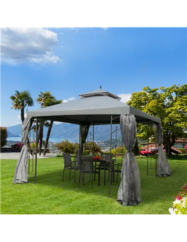 Outsunny 3(M)x3(M) Garden Gazebo Double Top Outdoor Canopy Patio Event Party Wedding Tent Backyard Sun Shade with Netting - Grey