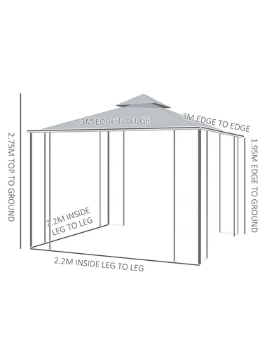 Outsunny 3(M)x3(M) Garden Gazebo Double Top Outdoor Canopy Patio Event Party Wedding Tent Backyard Sun Shade with Netting - Grey