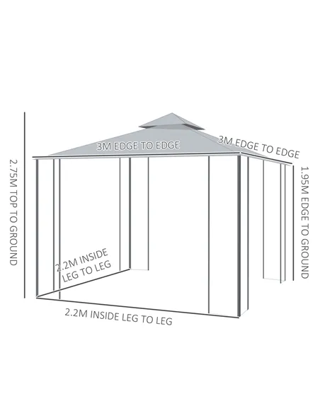 Outsunny 3(M)x3(M) Garden Gazebo Double Top Outdoor Canopy Patio Event Party Wedding Tent Backyard Sun Shade with Netting - Grey