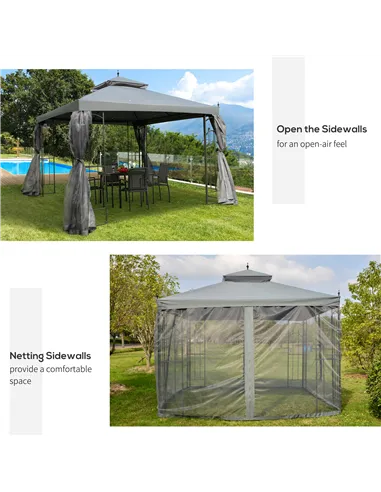 Outsunny 3(M)x3(M) Garden Gazebo Double Top Outdoor Canopy Patio Event Party Wedding Tent Backyard Sun Shade with Netting - Grey