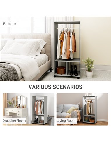 HOMCOM Open Wardrobe on Wheels, Bedroom Wardrobe with Clothes Hanging Rail, 2 Storage Shelves, Mobile Garment Rack for Cloakroom