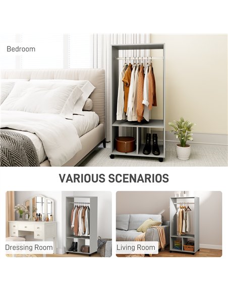HOMCOM Open Wardrobe on Wheels, Bedroom Wardrobe with Clothes Hanging Rail, 2 Storage Shelves, Mobile Garment Rack for Cloakroom