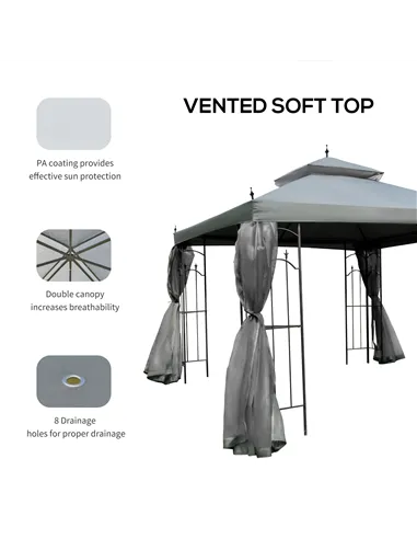 Outsunny 3(M)x3(M) Garden Gazebo Double Top Outdoor Canopy Patio Event Party Wedding Tent Backyard Sun Shade with Netting - Grey