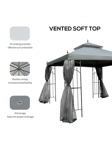 Outsunny 3(M)x3(M) Garden Gazebo Double Top Outdoor Canopy Patio Event Party Wedding Tent Backyard Sun Shade with Netting - Grey