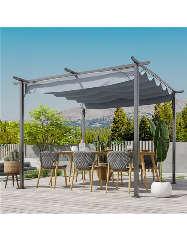 Outsunny 3 x 3(m) Metal Retractable Pergola, Garden Gazebo Metal Pergola Canopy Outdoor Sun Shade Shelter for Party BBQ, Grey