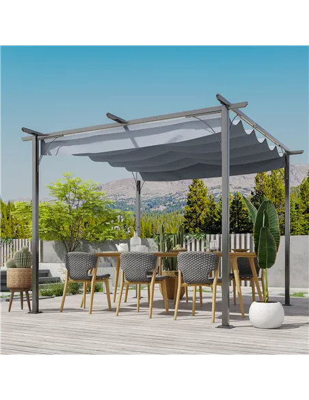 Outsunny 3 x 3(m) Metal Retractable Pergola, Garden Gazebo Metal Pergola Canopy Outdoor Sun Shade Shelter for Party BBQ, Grey