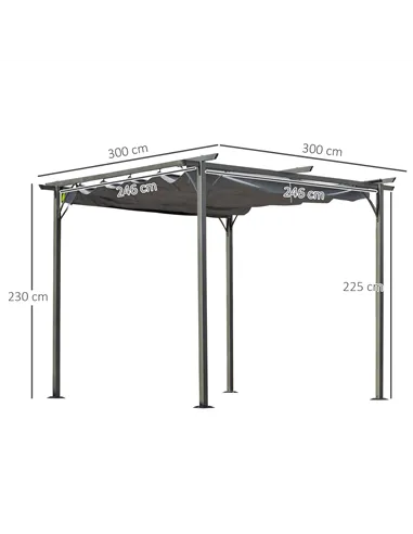 Outsunny 3 x 3(m) Metal Retractable Pergola, Garden Gazebo Metal Pergola Canopy Outdoor Sun Shade Shelter for Party BBQ, Grey