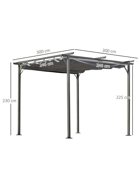 Outsunny 3 x 3(m) Metal Retractable Pergola, Garden Gazebo Metal Pergola Canopy Outdoor Sun Shade Shelter for Party BBQ, Grey