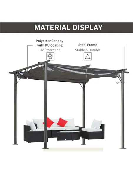 Outsunny 3 x 3(m) Metal Retractable Pergola, Garden Gazebo Metal Pergola Canopy Outdoor Sun Shade Shelter for Party BBQ, Grey