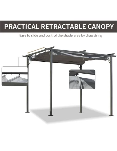 Outsunny 3 x 3(m) Metal Retractable Pergola, Garden Gazebo Metal Pergola Canopy Outdoor Sun Shade Shelter for Party BBQ, Grey