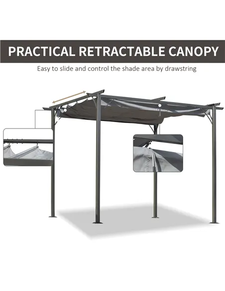 Outsunny 3 x 3(m) Metal Retractable Pergola, Garden Gazebo Metal Pergola Canopy Outdoor Sun Shade Shelter for Party BBQ, Grey
