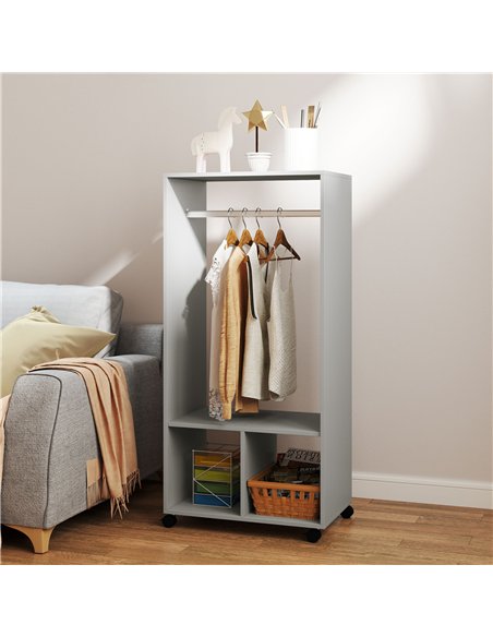 HOMCOM Open Wardrobe on Wheels, Bedroom Wardrobe with Clothes Hanging Rail, 2 Storage Shelves, Mobile Garment Rack for Cloakroom