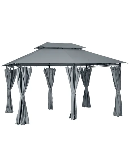 Outsunny 4m x 3(m)Garden Gazebo, Double Roof Outdoor Gazebo Canopy Shelter with Curtains, Solid Steel Frame for Lawn and Deck, G