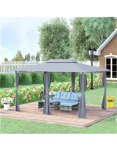 Outsunny 4m x 3(m)Garden Gazebo, Double Roof Outdoor Gazebo Canopy Shelter with Curtains, Solid Steel Frame for Lawn and Deck, G