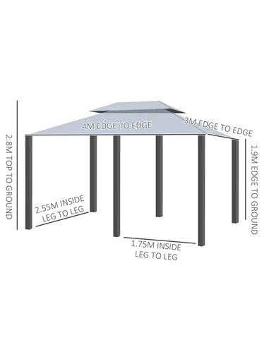 Outsunny 4m x 3(m)Garden Gazebo, Double Roof Outdoor Gazebo Canopy Shelter with Curtains, Solid Steel Frame for Lawn and Deck, G