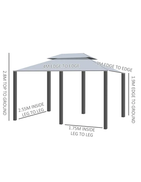 Outsunny 4m x 3(m)Garden Gazebo, Double Roof Outdoor Gazebo Canopy Shelter with Curtains, Solid Steel Frame for Lawn and Deck, G