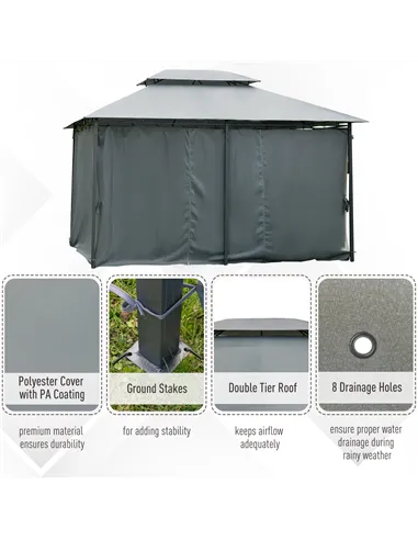 Outsunny 4m x 3(m)Garden Gazebo, Double Roof Outdoor Gazebo Canopy Shelter with Curtains, Solid Steel Frame for Lawn and Deck, G