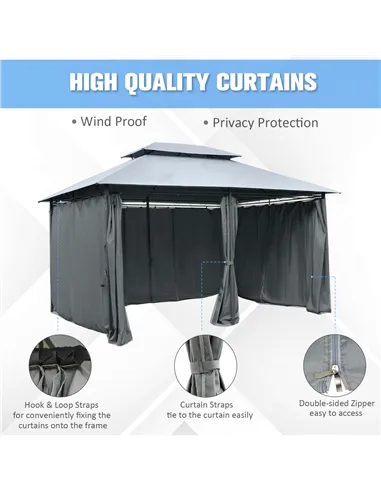Outsunny 4m x 3(m)Garden Gazebo, Double Roof Outdoor Gazebo Canopy Shelter with Curtains, Solid Steel Frame for Lawn and Deck, G