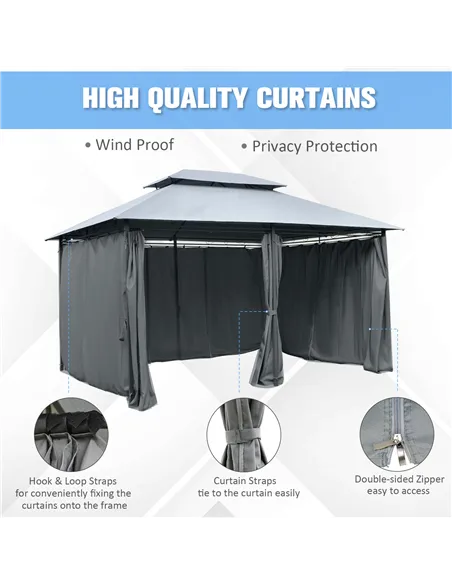 Outsunny 4m x 3(m)Garden Gazebo, Double Roof Outdoor Gazebo Canopy Shelter with Curtains, Solid Steel Frame for Lawn and Deck, G