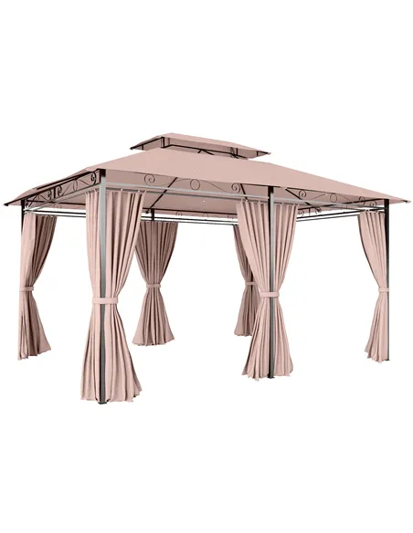 Outsunny 4m x 3(m)Garden Gazebo, Double Roof Outdoor Gazebo Canopy Shelter with Curtains, Solid Steel Frame for Patio, Garden, B