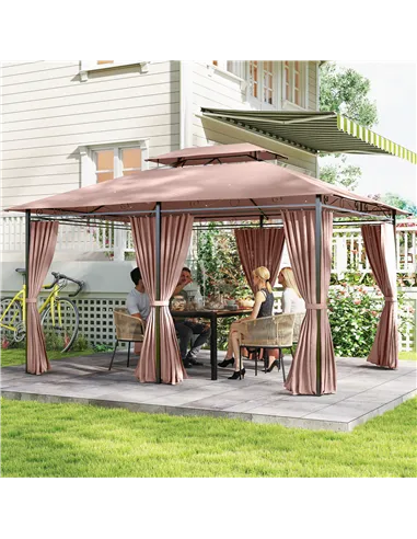 Outsunny 4m x 3(m)Garden Gazebo, Double Roof Outdoor Gazebo Canopy Shelter with Curtains, Solid Steel Frame for Patio, Garden, B