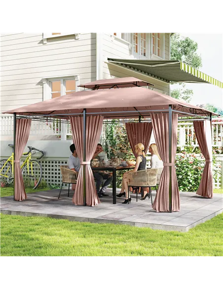 Outsunny 4m x 3(m)Garden Gazebo, Double Roof Outdoor Gazebo Canopy Shelter with Curtains, Solid Steel Frame for Patio, Garden, B