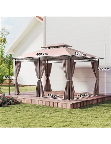 Outsunny 4m x 3(m)Garden Gazebo, Double Roof Outdoor Gazebo Canopy Shelter with Curtains, Solid Steel Frame for Patio, Garden, B