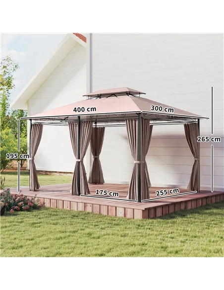 Outsunny 4m x 3(m)Garden Gazebo, Double Roof Outdoor Gazebo Canopy Shelter with Curtains, Solid Steel Frame for Patio, Garden, B