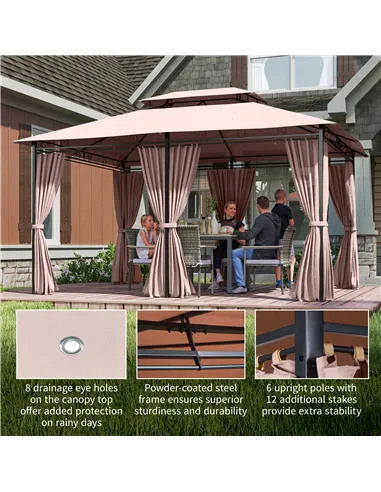 Outsunny 4m x 3(m)Garden Gazebo, Double Roof Outdoor Gazebo Canopy Shelter with Curtains, Solid Steel Frame for Patio, Garden, B