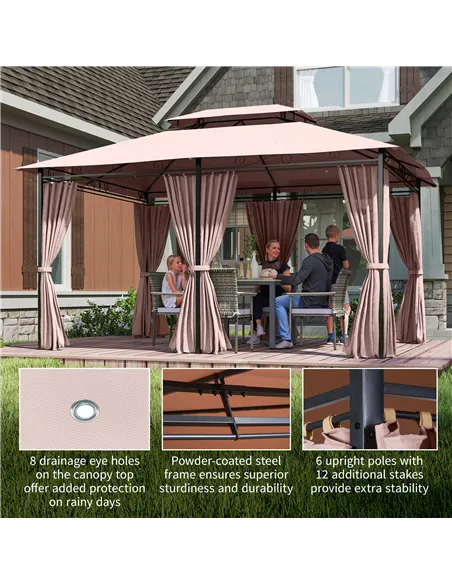 Outsunny 4m x 3(m)Garden Gazebo, Double Roof Outdoor Gazebo Canopy Shelter with Curtains, Solid Steel Frame for Patio, Garden, B