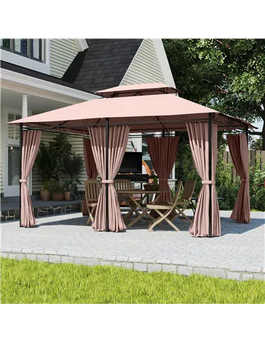 Outsunny 4m x 3(m)Garden Gazebo, Double Roof Outdoor Gazebo Canopy Shelter with Curtains, Solid Steel Frame for Patio, Garden, B