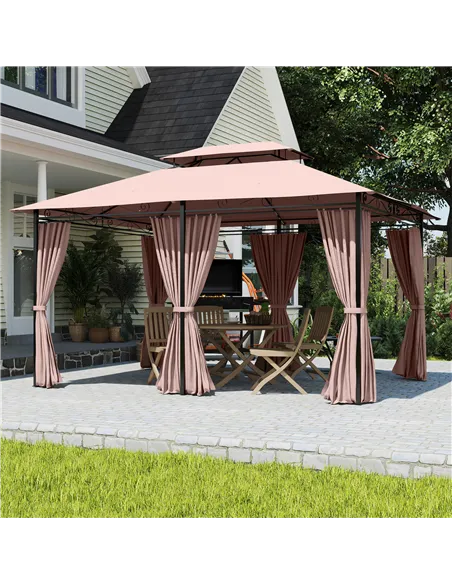 Outsunny 4m x 3(m)Garden Gazebo, Double Roof Outdoor Gazebo Canopy Shelter with Curtains, Solid Steel Frame for Patio, Garden, B