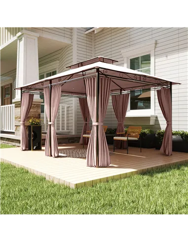 Outsunny 4m x 3(m)Garden Gazebo, Double Roof Outdoor Gazebo Canopy Shelter with Curtains, Solid Steel Frame for Patio, Garden, B
