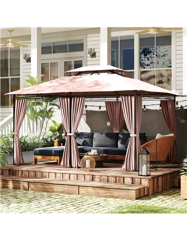 Outsunny 4m x 3(m)Garden Gazebo, Double Roof Outdoor Gazebo Canopy Shelter with Curtains, Solid Steel Frame for Patio, Garden, B