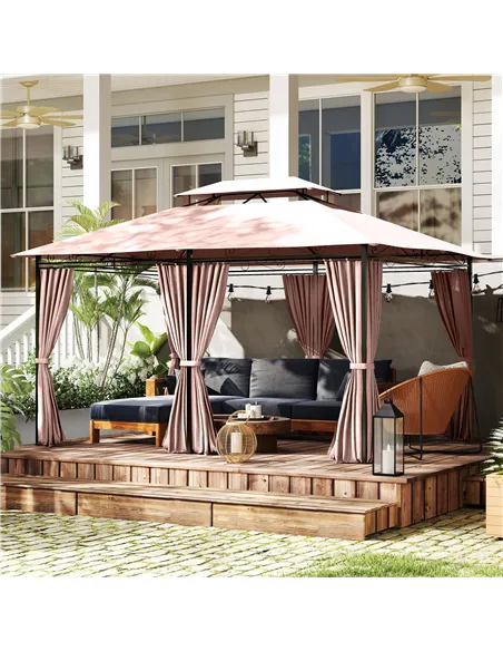Outsunny 4m x 3(m)Garden Gazebo, Double Roof Outdoor Gazebo Canopy Shelter with Curtains, Solid Steel Frame for Patio, Garden, B