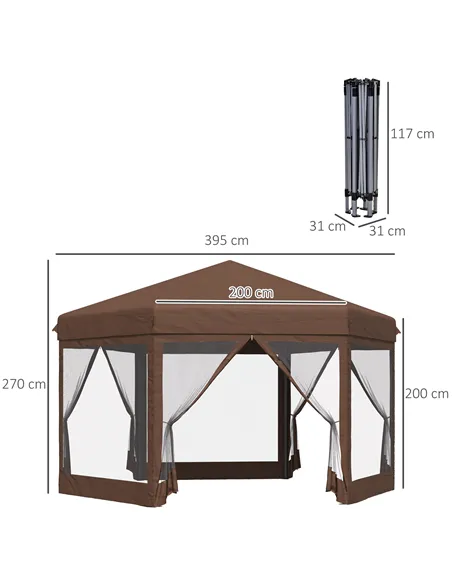 Outsunny 3.5m x 4m Hexagonal Pop Up Gazebo, Canopy Tent Sun Shelter for Patio Outdoor Party, Height Adjustable, with Mosquito Ne