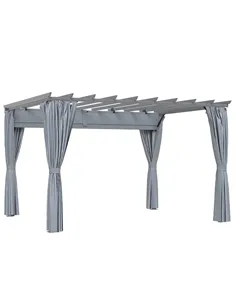 Outsunny 3.6 x 3(m) Outdoor Pergola with Retractable Roof and Curtains, Garden Gazebo Canopy Sun Shade Shelter with Aluminum Fra
