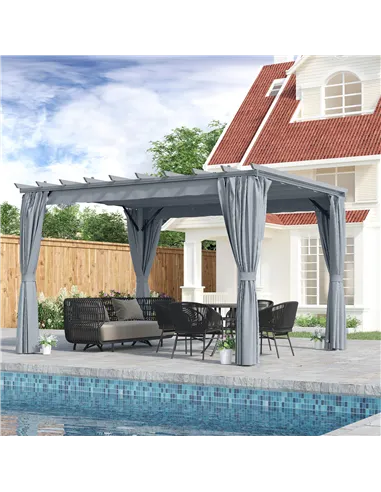 Outsunny 3.6 x 3(m) Outdoor Pergola with Retractable Roof and Curtains, Garden Gazebo Canopy Sun Shade Shelter with Aluminum Fra