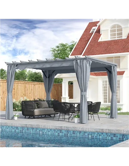 Outsunny 3.6 x 3(m) Outdoor Pergola with Retractable Roof and Curtains, Garden Gazebo Canopy Sun Shade Shelter with Aluminum Fra