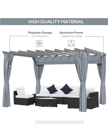 Outsunny 3.6 x 3(m) Outdoor Pergola with Retractable Roof and Curtains, Garden Gazebo Canopy Sun Shade Shelter with Aluminum Fra