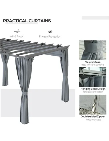 Outsunny 3.6 x 3(m) Outdoor Pergola with Retractable Roof and Curtains, Garden Gazebo Canopy Sun Shade Shelter with Aluminum Fra